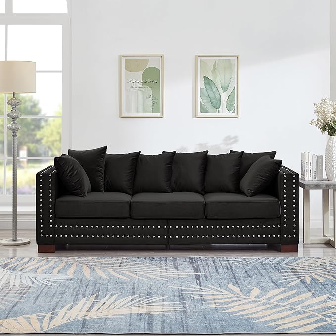 84.5 Wide 3-Seater Velvet Sofa with Storage Mid Century Modern Chesterfield Couch Upholstered Love Seat with Deep Seat &amp Retro Trim Black Velvet Couch for Living Room Office Apartment (Black)