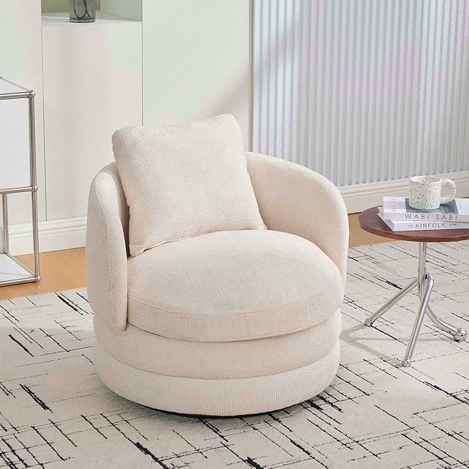 360° Small Swivel Accent Chair Round Swivel Barrel Chair with Round Backrest &amp Wide Seat Comfy Chenille Barrel Chairs for Living Room Bedroom Easy 15-Min Assembly Boucle (Beige)