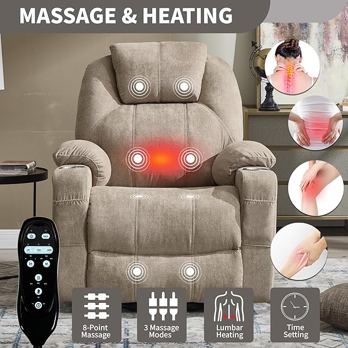 Chenille Electric Power Lift Recliner Chair Massage Single Sofa with Vibration Massage and Lumbar Heating Ergonomic Lounge Couch with Cup Holders and USB Charge Port for Living Room (Khaki)