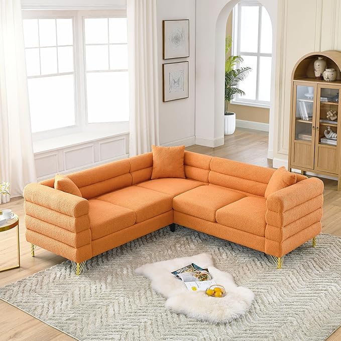 Antetek L-Shaped Sectional Couches Modern Teddy Fabric Upholstered Chaise Lounge Sofa Couch with Square Arm and 4 Golden Metal Legs for Living Room Office Orange