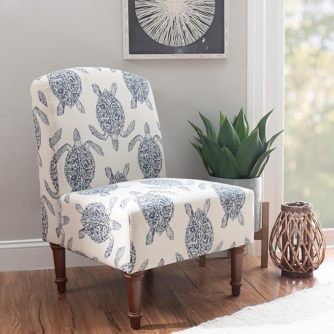Powell Company Powell Markay Accent Chair 25W x 18.75D x 35H Ivory with Blue Sea Turtle Pattern Traditional Coastal Upholstered Armless 275 lbs Max Weight Indoor Use