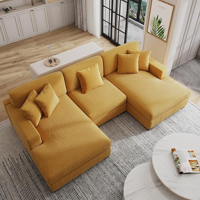 117.8 U Shaped Modular Sectional Sofa with Chaise Comfy Corduroy Fluffy Couch with Deep Seat Flexible Module Combination for Living Room and Office Orange