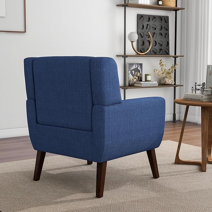 Accent Chair Mid-Century Modern Fabric Chairs with Arms for Living Room Comfy Upholstered Club Single Sofa Armchair for Bedroom Waiting Room with Solid Wood Frame (Fabric Navy Blue Set of 1)