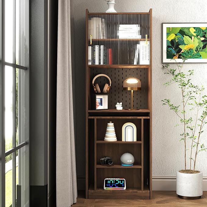 Home Office Computer Desk with Fold Out Desktop Space-Saving L Shaped Corner Folding Desk with Bookshelf Sliding Glass Doors Foldable Wood Table for Work Study Writing Dressing Walnut