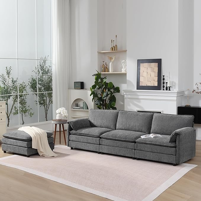 108 Cloud Sectional Couches for Living Room Convertible L Shaped Modular Sectional Sofa with Movable Ottoman 3-Seat Chenille Cloud Couch with Deep Seat for Bedroom Apartment Dark Gray