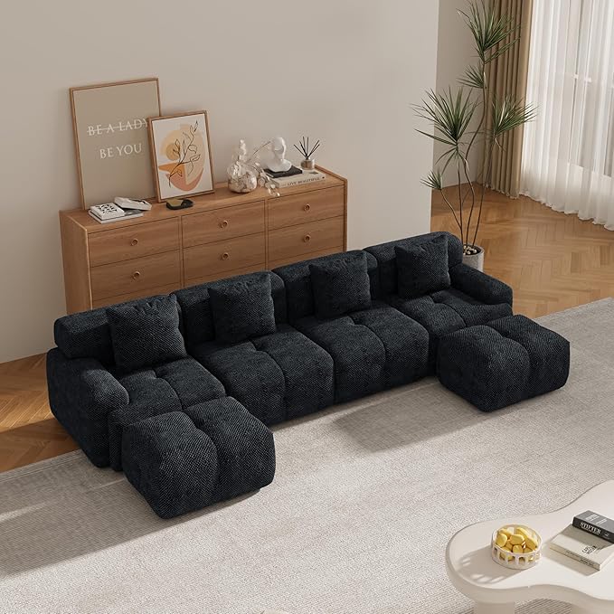 135 Modular Sectional SofaModern L-Shaped Couch with Movable Ottoman &amp Deep SeatFuzzy FabricNo AssemblyBoneless Couch for Living Room
