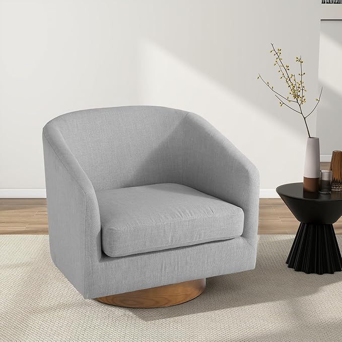 Swivel Barrel Chair Modern Round PU Leather Accent Armchair for Living Room Bedroom Oversized Comfy Club Reading Chairs for Adults (Fabric Light Grey Set of 2)