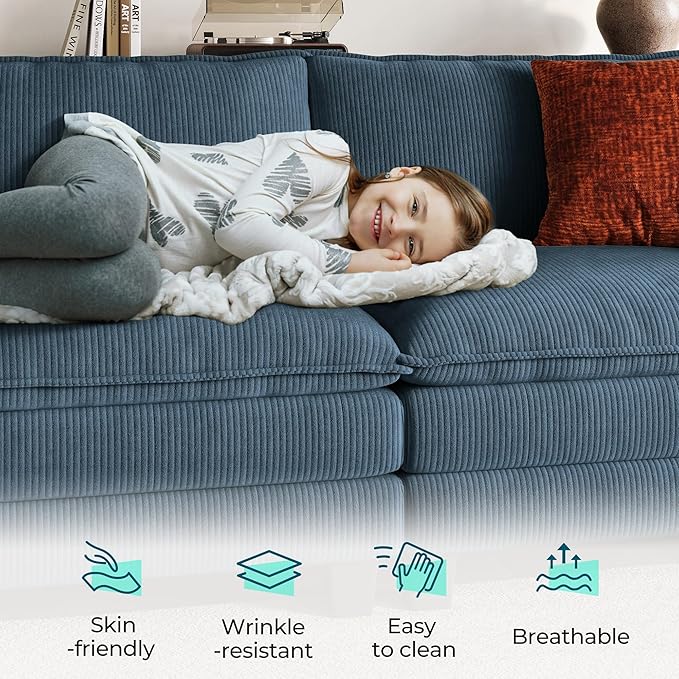 LINSY HOME 123'' Modular Sectional Sofa Blue Couch Corduroy Cloud Couches for Living Room L Shaped Couch with Movable Ottoman Modern Cloud Sectional Sofas for Bedroom and Apartment Blue