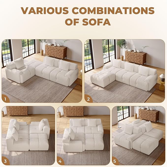 104 Modern L Shaped Modular Sectional Sofa 4 Seater Convertible Chenille Cloud Couch Sofa Set Boneless Couches for Living Room with Ottoman No Assembly Required White