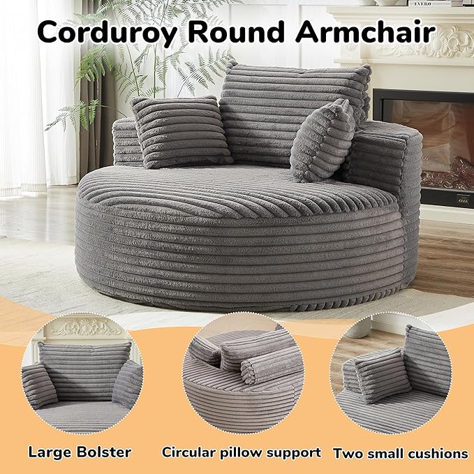 55 Grey Oversized Round Boneless Couch Sofa Corduroy Memory Foam Cloud Couches Lounge Chair Comfy Fluffy Single Sofa with 3 Pillows for Living Room Bedroom No Assembly Required (Grey)