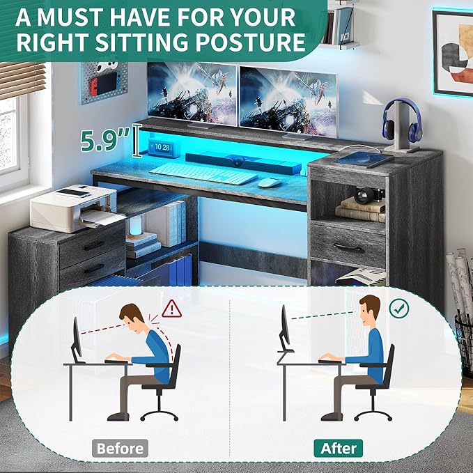 YITAHOME L Shaped Desk with Drawers 59 Corner Computer Desk with Power Outlets &amp LED Lights Farmhouse Wood L-Shaped Desk with File Cabinet Printer Stand Host Stand for Home Office Grey