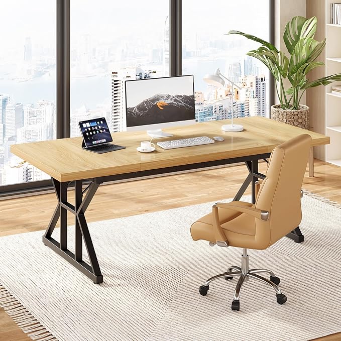 LITTLE TREE 70.8-Inch Large Executive Desk Modern Computer Office Desk Wooden Writing Desk Study Table for Home Office Light Walnut-Black