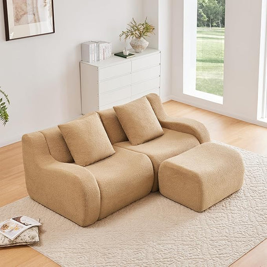 KEIKI 83 L-Shaped Teddy Modular Sectional Loveseat Sofa with 1 Ottoman &amp High-Density Foam Cushions &amp Curved Armrest &amp 2 Pillows Streamlined Design Boneless 2-Seater Couch for Living Ro