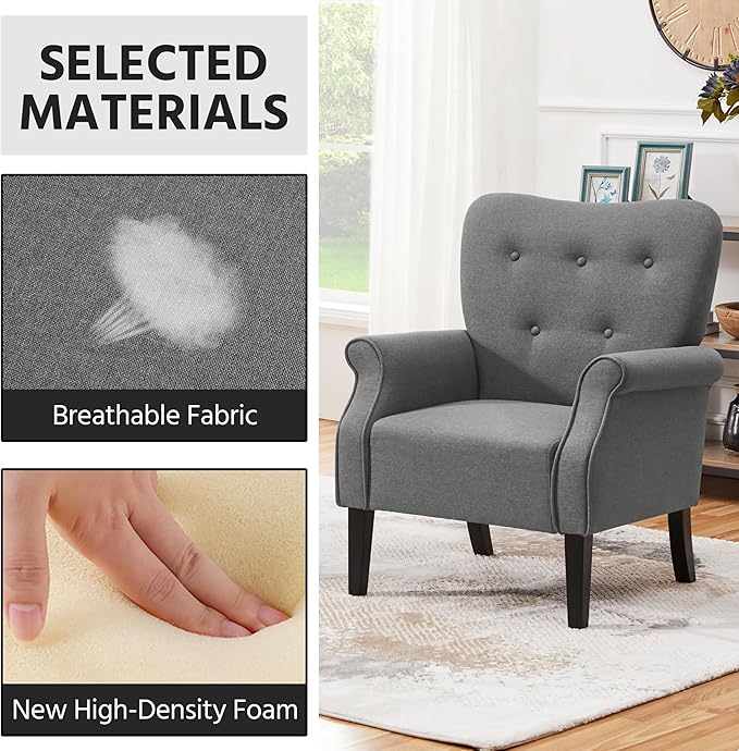 Yaheetech Modern Armchair Mid Century Accent Chair with Sturdy Wood Legs and High Back for Small Space Upholstered Fabric Sofa Club Chair for Living Room/Bedroom/Office Dark Gray