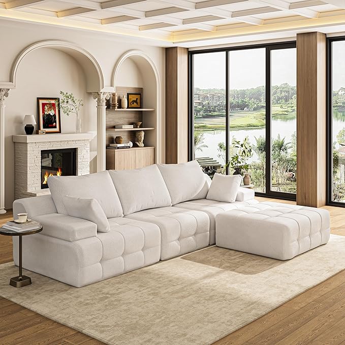 110 Cloud Sectional Couches for Living RoomModern Convertible L-Shape Couch with Ottoman 3 Seater Chenille Fabric Comfy Cloud Couches with Movable Ottoman White