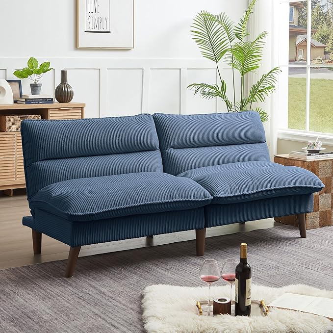 72 Convertible Futon Sofa Bed Loveseat Sofa Corduroy Folding Futon Set with Adjustable Backrest &ampArmrests Recliner Lounge for Living Room Apartment or Office Solid Wood Frame Blue