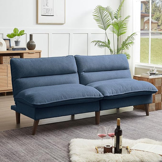 72 Convertible Futon Sofa Bed Loveseat Sofa Corduroy Folding Futon Set with Adjustable Backrest &ampArmrests Recliner Lounge for Living Room Apartment or Office Solid Wood Frame Blue