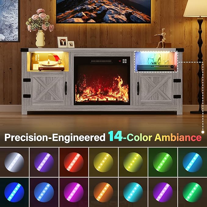 YESHOMY LED Fireplace TV Stand with Mood Lighting TV Cabinet with Open Shelf Farmhouse Media Console with Hidden Cable Routing Entertainment Center for Televisions up to 65+ Inch Gray Wash