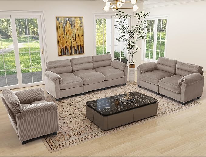 Corduroy Sofa Set Upholstered Armchair Loveseat and 3-Seater Couch with Plush Cushions and Rolled Arms Modern Living Room Furniture SetsBrown