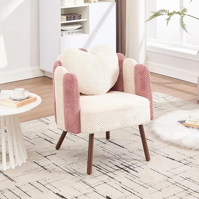 Okeysen Petal Vanity Chair Cute Chair Velvet Accent Chairs with Wood Leg Mid Century Reading Chair Armchair for Living Room Bedroom Vanity &amp Makeup Room.