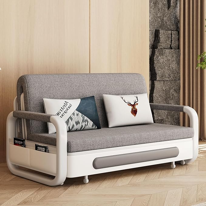 Pull-Out Sofa Daybed with Trundle - Versatile Futon Sleeper Couch for Living Room and Small Spaces (34.6 D x 50.3 W x 34.2 H)- Gray/White Sofa Bed