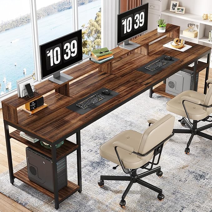 Tribesigns Two Person Desk with Monitor Stand 78.74 Long Double Computer Office Desk with Storage Shelves Large Gaming Study Writing Table Workstation for Home Office (Rustic Brown)