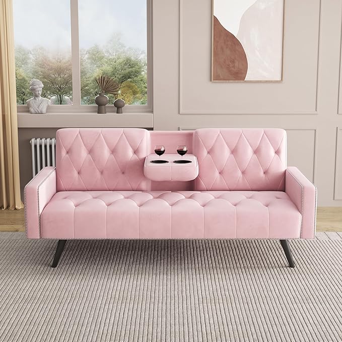 KEIKI 72 Velvet Loveseat Sofa Bed with Nailhead Accents &amp Tufted Backrest 3-in-1 Convertible Sleeper with Cup Holders for Small Spaces Pink