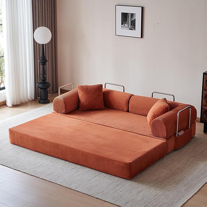 79 Convertible Sleeper Sofa Bed Modern Corduroy Floor Couch Bed with Fixed-Shape Frame Modular Sofa Couch with Pull Out Bed Boneless Loveseat Sleeper Couches for Living Room Orange