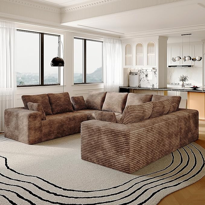 134 Inch Oversized Boneless Sofa Bed Fluffy Corduroy Sleeper Sofa for Apartment Bedroom Living Room Comfy Modular Cloud Sectional Couch Boneless Couch No Assembly Brown