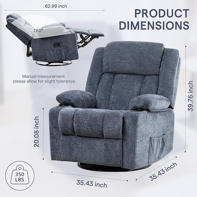 Swivel Rocker Recliner for Adults Manual Lazy Boy Recliner Chair with Cup Holders 360 Degree Rotating Nursery Rocking Chair Glider Recliner for Living Room (Blue)