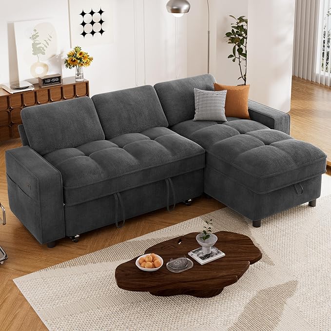 Sunny Heart Sleeper Sofa Bed 81 L Shaped Couch Sleeper Sofa Pull Out Couch Bed with Reclining Backrest | Reversible Storage Chaise | USB Port | Side Pocket | Tool-Free Assembly | Chenille Dark Grey