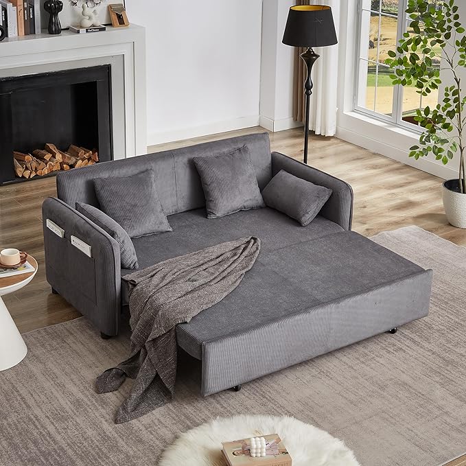 Ball &amp Cast 66 Convertible Sofa Bed3-in-1 Corduroy Loveseat Sleeper Pull Out Couch Bed with Pillows and Side Pockets Deep Seat Comfy Sofa Couches for Living RoomApartmentGrey