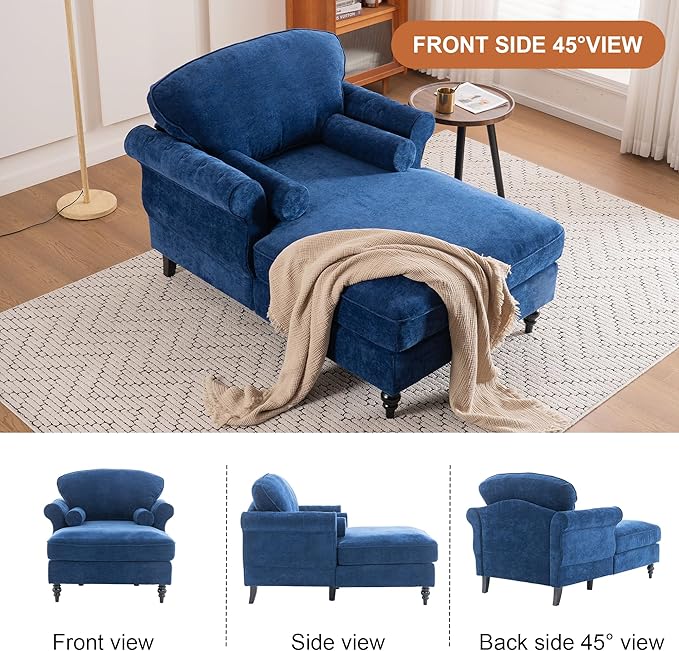 59.3 D Chaise Lounge Chair IndoorModern Chenille Upholstered Recliner Sofa with 2 Rolled PillowsComfy Sleeper Chair Bed for Living Room Bedroom Office(Blue 1 Seat)