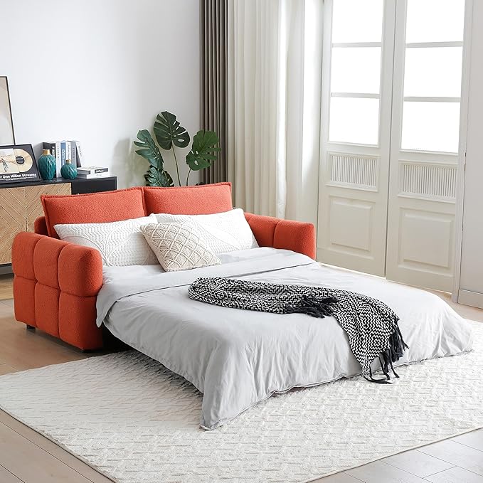 70 Convertible Sleeper Sofa Couch Full Size 3-in-1 Pull Out Sofa Bed for Living Room Upholstered Loveseat for Home Office Bedroom Apartment Orange