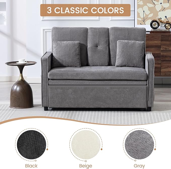 52 Convertible Sofa Bed 3-in-1 Sleeper Sofa with Pull-Out Bed Chenille Couch Folding Loveseat USB Ports &amp Adjustable Backrest Modern Loveseat for Living Room Apartment Grey