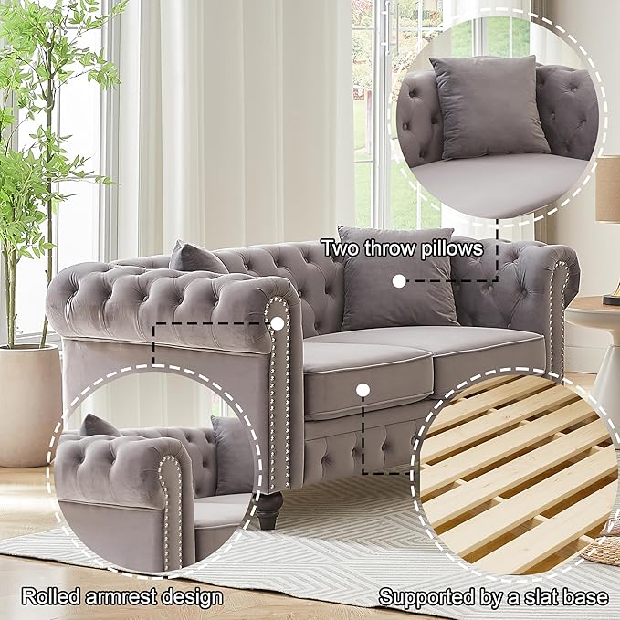 63.5 Velvet Oversize Chesterfield Grey Loveseat Sofa Rolled Arms Modern Sofa with Button Design and 2 Cushions for Living Room (Grey 63.5 Loveseat Sofa)
