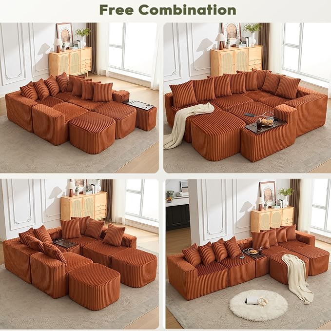 KEIKI 137.5 Modular U Shaped Sofa Oversized Corduroy Sectional Couch with Movable Footstool Cup Holders Wireless Charging Board Flexible No Assembly Sofa for Apartment or Loft