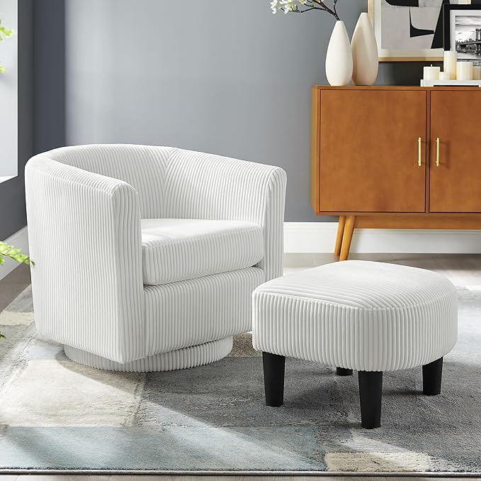 Ball &amp Cast Swivel Accent Chair Ottoman Set 360°Swival Comfy Recliner and Footstool Padded Sofa Armchair with Wrap Around Backrest Corduroy Single Sofa Side-Chair w/Stool White