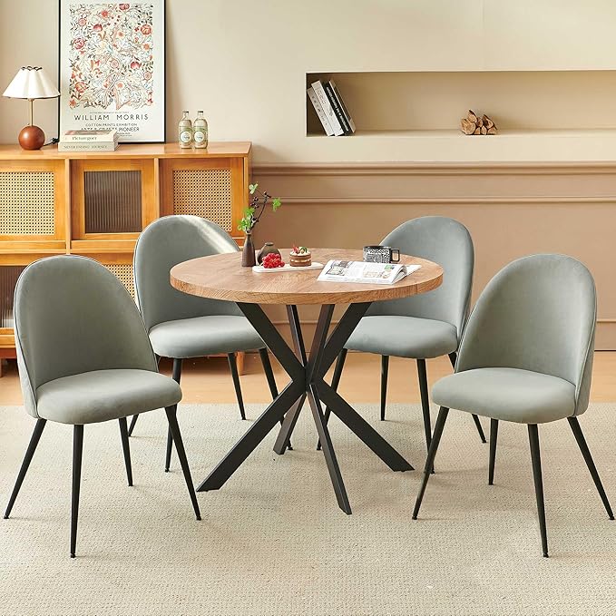 Dining Table Set for 4 Modern Mid-Century Compact Kitchen Table with Chairs Set 37-in Round Breakfast Nook Dinner Table Set with Upholstered Dining Side Chairs for Dining Room Grey