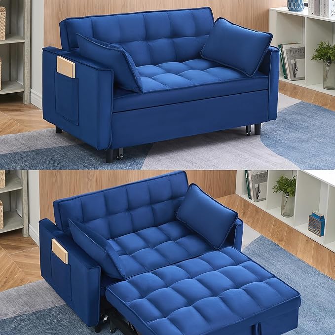55 Sleeper Loveseat3 in 1 Sofa BedPull Out Couch Bed with 2 Pillows and Side PocketsVelvet Convertible Bed for Small Spaces Living Room (Blue)