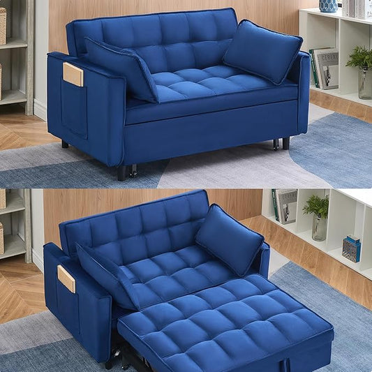 55 Sleeper Loveseat3 in 1 Sofa BedPull Out Couch Bed with 2 Pillows and Side PocketsVelvet Convertible Bed for Small Spaces Living Room (Blue)
