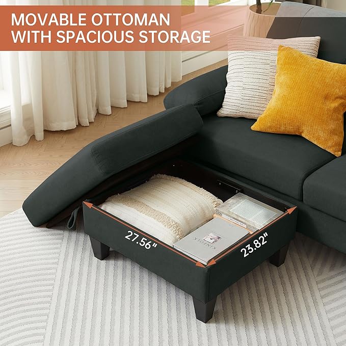 5 Seat Sectional Sofa Set for Living Room Set 2 PCS Modern Couch Set 84 Width 3 Seat Couch &amp Loveseat with Ottoman and Thick Cushion(3+2 Seat/Black)