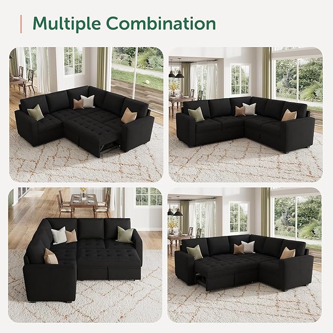 HONBAY Modular Sectional Sleeper Sofa with Pull Out Bed Velvet Convertible L Shaped Couch with Storage Seat Sectional Couches for Living Room Black