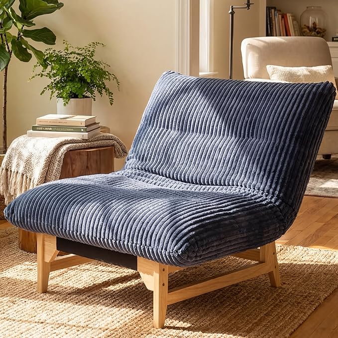 KEIKI Large Bean Bag Chair Adults Kids Comfy Corduroy Small Couch with Wood Frame Big Accent Beanbag Lounge Chairs Indoor Lazy Cozy Floor Sofa Couches for Living Room Reading Easy Assembly Blue