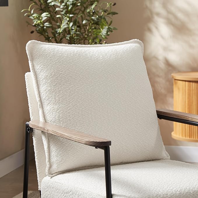Zouron Fabric Accent Chair Upholstered Single Sofa Chair with Metal Frame Modern Living Room Chair with Wooden Armrests and Cushion Back 1Pcs White