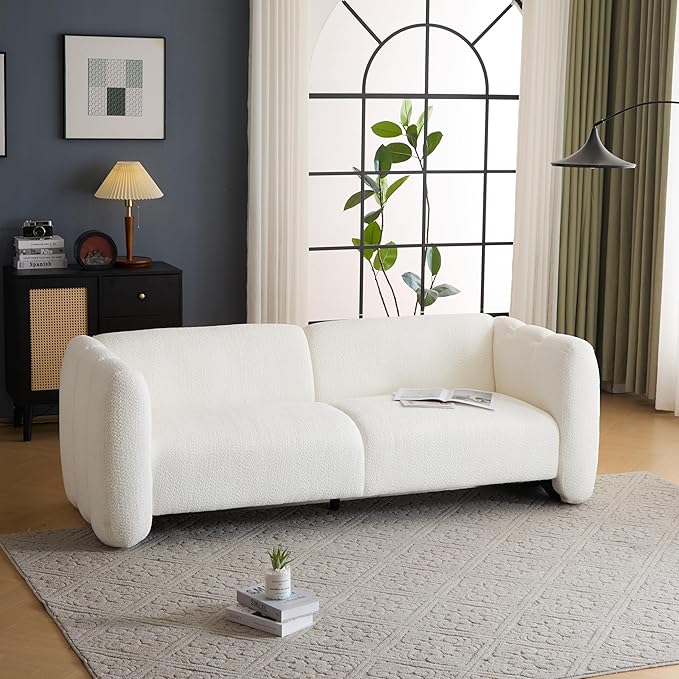 Christopher Knight Home Carine 83‘’ Sofa Couch Cozy Boucle Fabric Upholstered 3-Seater Seating Sofa Comfy Couches for Living Room and Office Modern Oversized Loveseat Curved Wave Design White