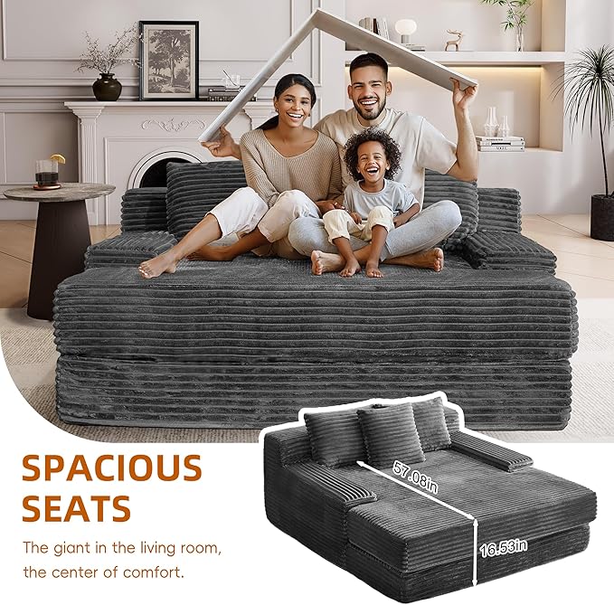 67″Oversized Chaise Lounge Chair Indoor Boneless Couch with Deep Seat Wide Arms Reading Chairs No Assembly Corduroy Chair Upholstered Lounge Sofa for Living Room Grey