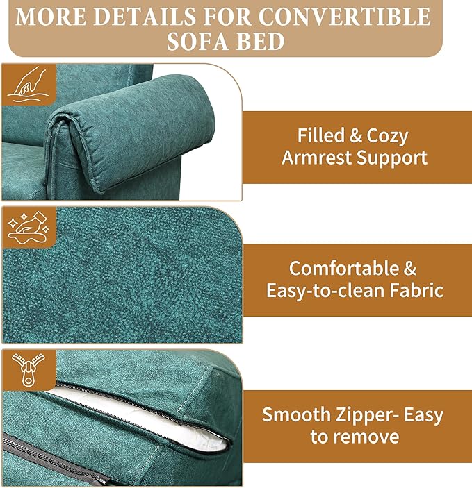 Convertible Sleeper Sofa Bed Pull Out Couch with High-Density Foam Modern Upholstered Loveseat Futon 2-in-1 Full Size Bed for Living Room Apartment Small Space (Green) | Foldable Convertible Bed