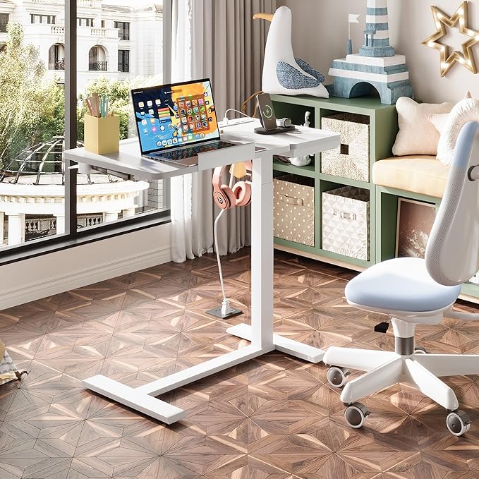 Standing Desk Medical Overbed Table with Rolling Tray and Power Outlet Dual Pneumatic Angle and Height Adjustable Desk Portable Side Table with Drawer Home &amp Hospital Use White