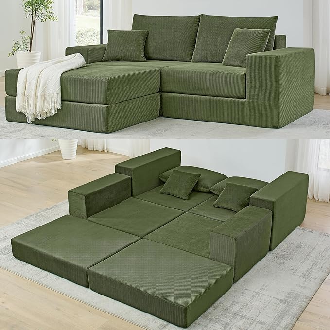 Boneless Couches for Living Room Modern Corduroy Couch Convertible Sleeper Sofa Folding Sofa Bed Mattress Couch for Bedroom Small Spaces - No Assembly Needed in Green